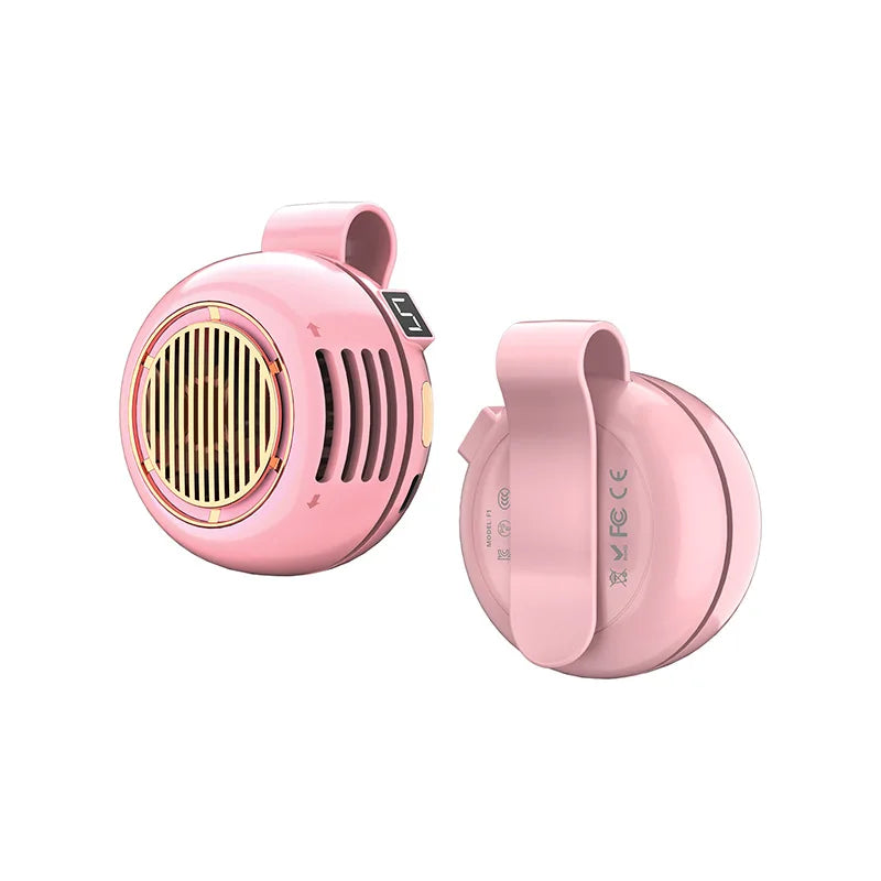 A pink portable bladeless clip-on fan with a grille and a handle is shown against a white background.
