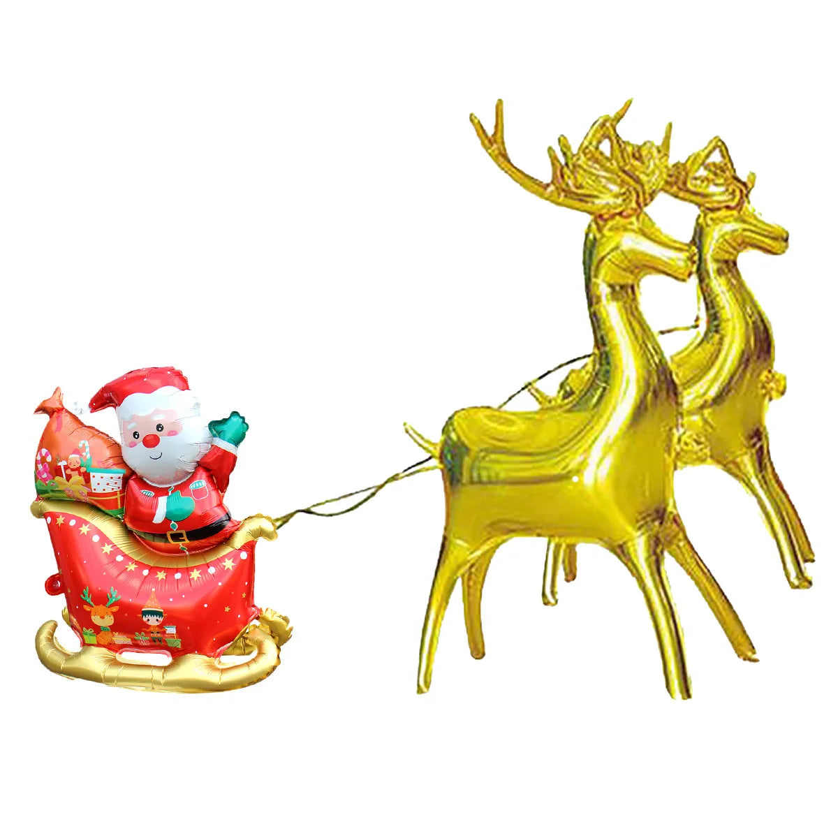 A gold foil balloon set featuring a Santa sleigh pulled by a deer and an elk.