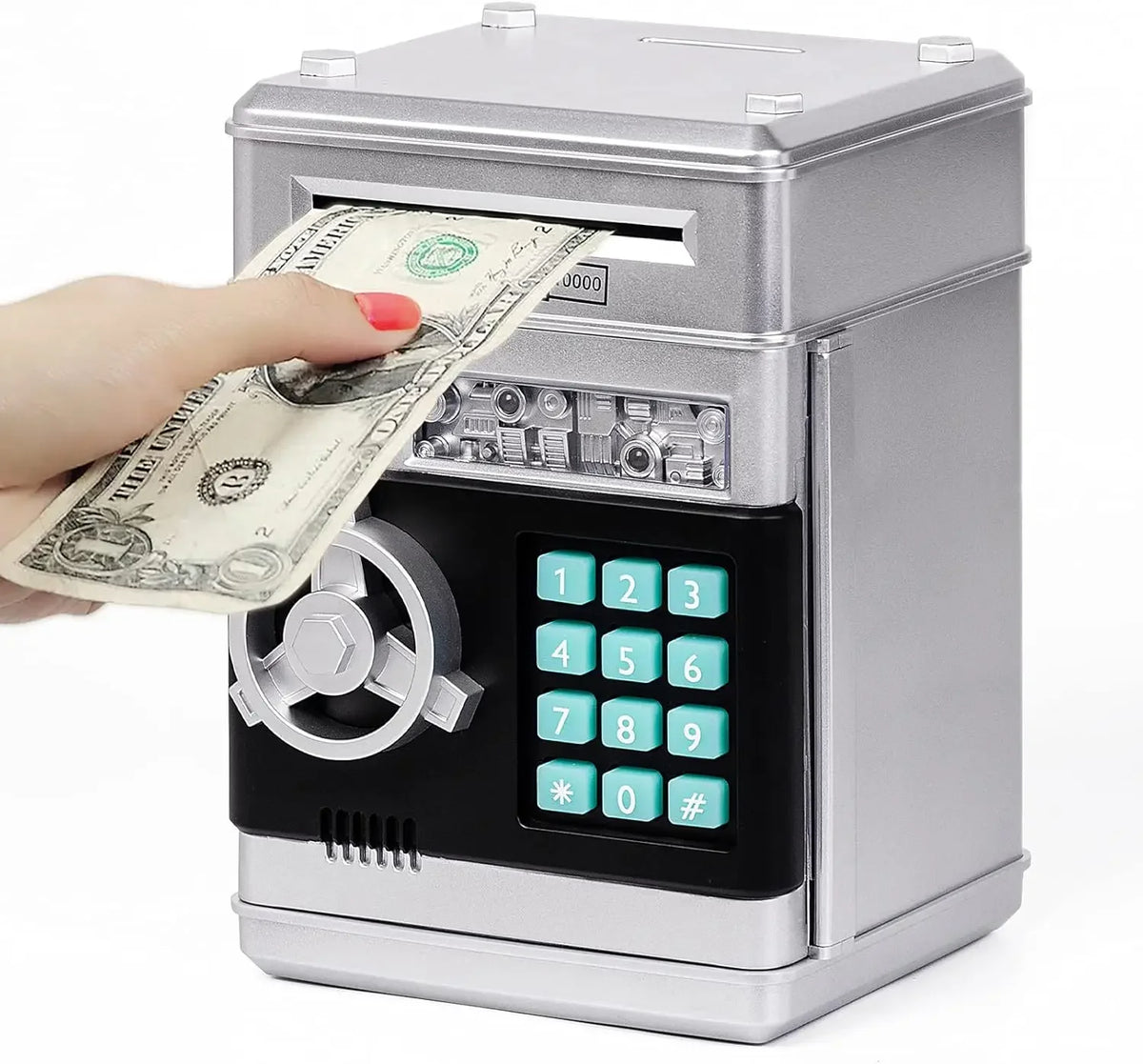 A hand inserts a stack of US dollar bills into a silver combination lock piggy bank.