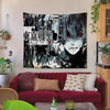 A large tapestry featuring a dark, stylized anime character with red eyes against a black and white background.