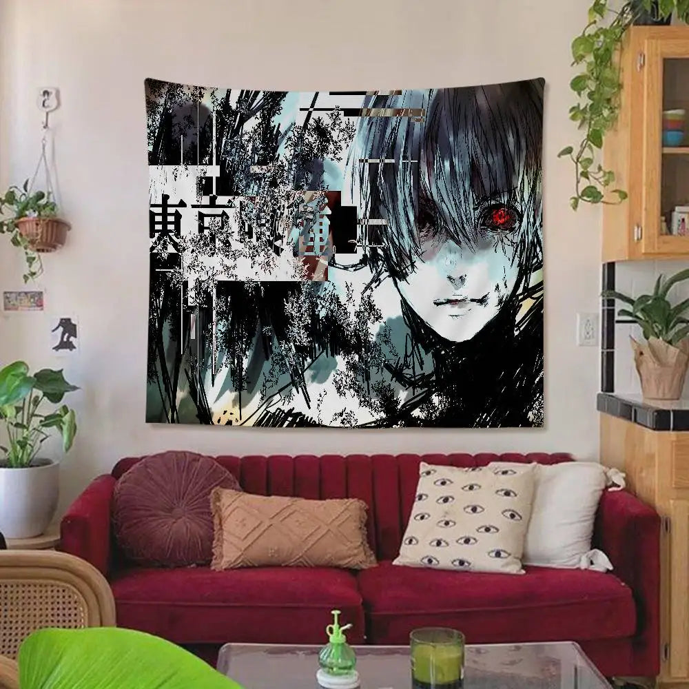 A large tapestry featuring a dark, stylized anime character with red eyes against a black and white background.