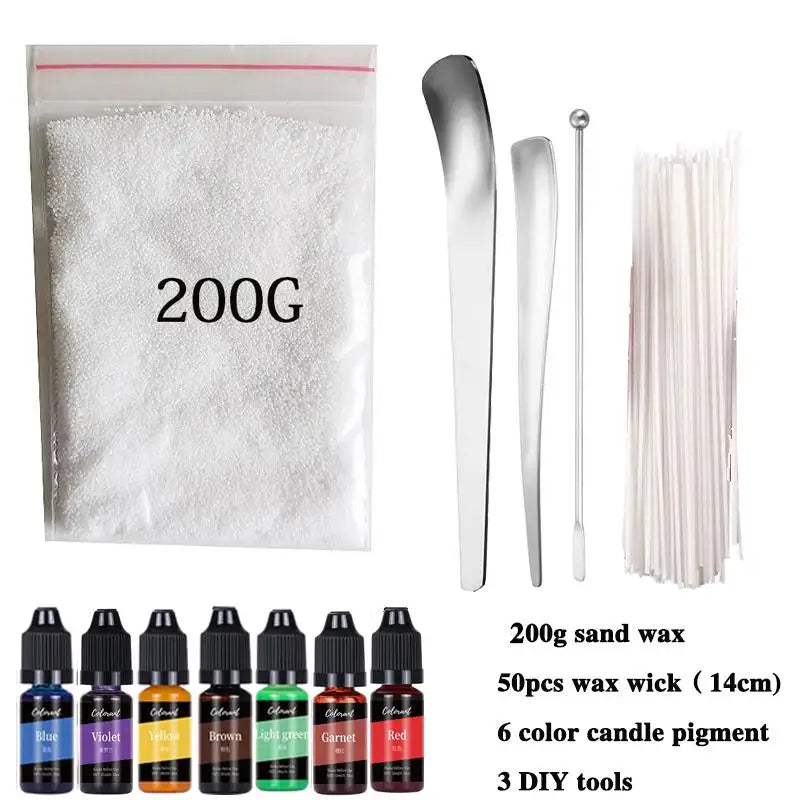 A kit containing 200g sand wax, 50 pieces of wax wicks, and 6 colors of candle pigment for DIY tools.