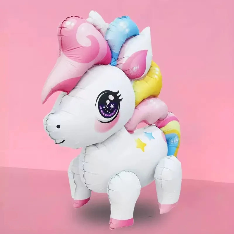 A white dinosaur balloon decoration with pink and blue accents, featuring a cute face and body.