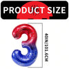 A close-up view of a red and blue foil balloon shaped like the number three with a spiderweb design.