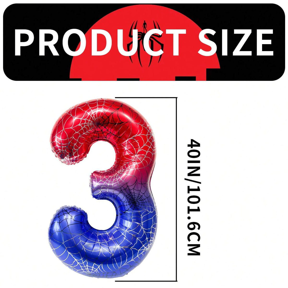 A close-up view of a large, red and blue foil balloon shaped like the number three with a spiderweb design.