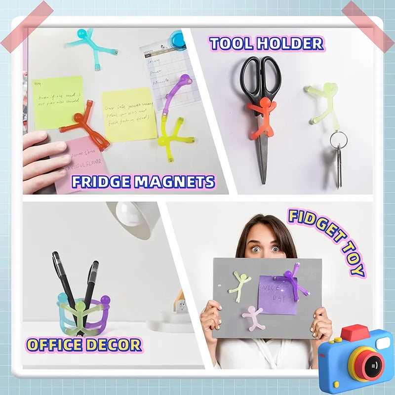 A collection of colorful tool holders, fridge magnets, and a fidget toy displayed on a white background.