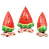 Un set de trois ballons en baudruche en forme de pastèque rouge et vert.