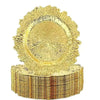 Elegant gold charger plates with a textured, sunburst design.