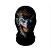 A black mesh hood featuring a detailed Halloween skeleton face mask with glowing green eyes and jagged teeth.