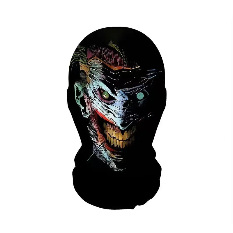 A black mesh hood featuring a detailed Halloween skeleton face mask with glowing green eyes and jagged teeth.