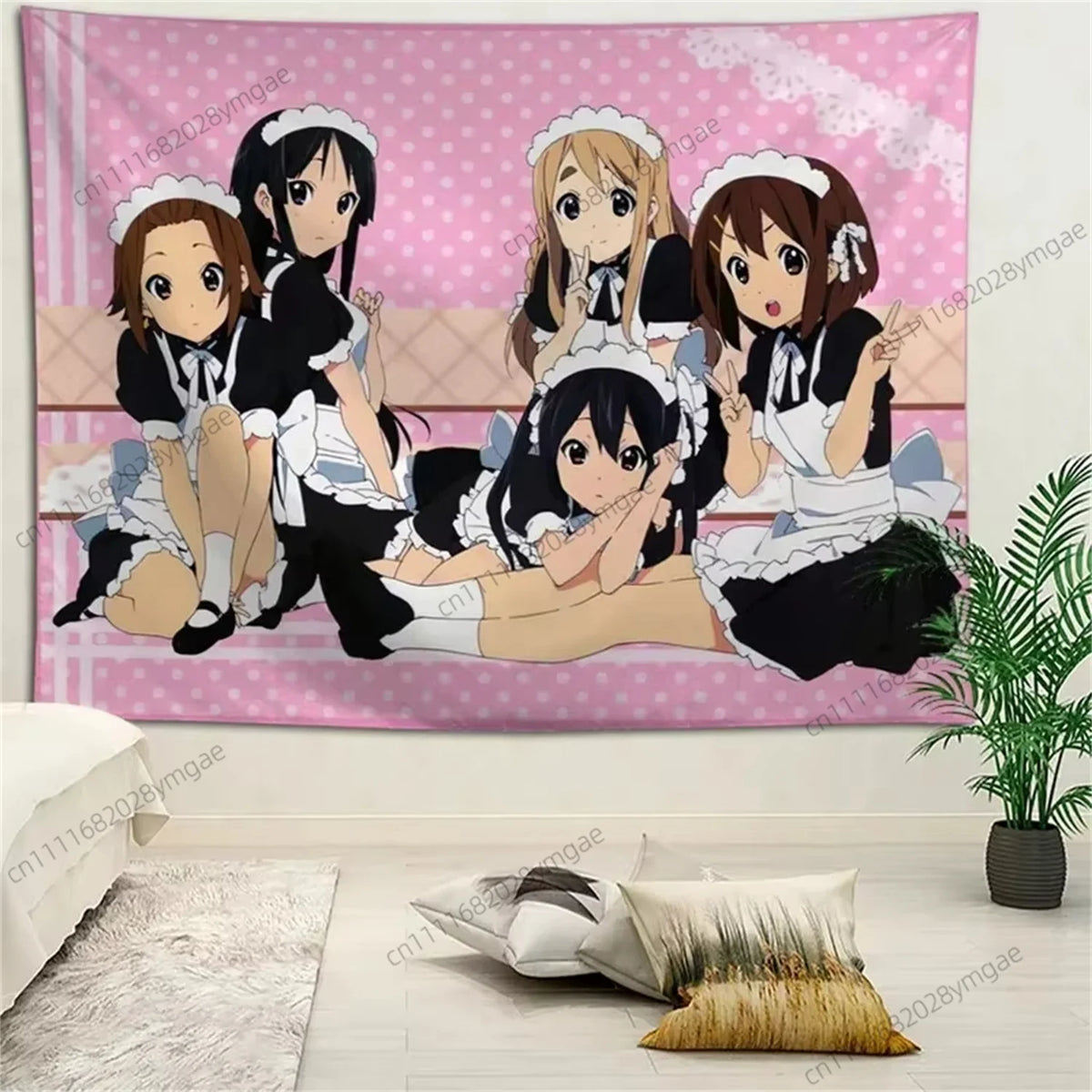 A wall tapestry featuring five anime girls in maid outfits against a pink background.