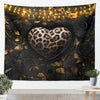 A dark tapestry wall hanging featuring a heart shape with a leopard print and gold foliage accents.