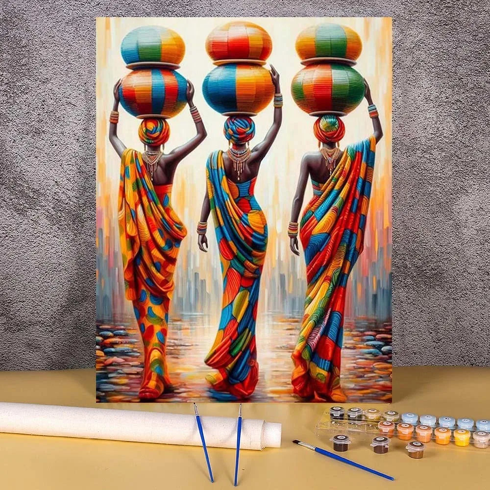 A paint by numbers kit featuring a portrait of an African woman in vibrant colors.