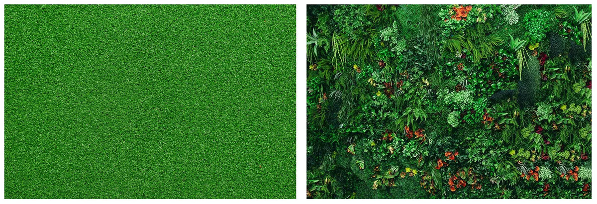 A lush, vibrant tropical jungle leaf photography backdrop featuring diverse green foliage and red accents.