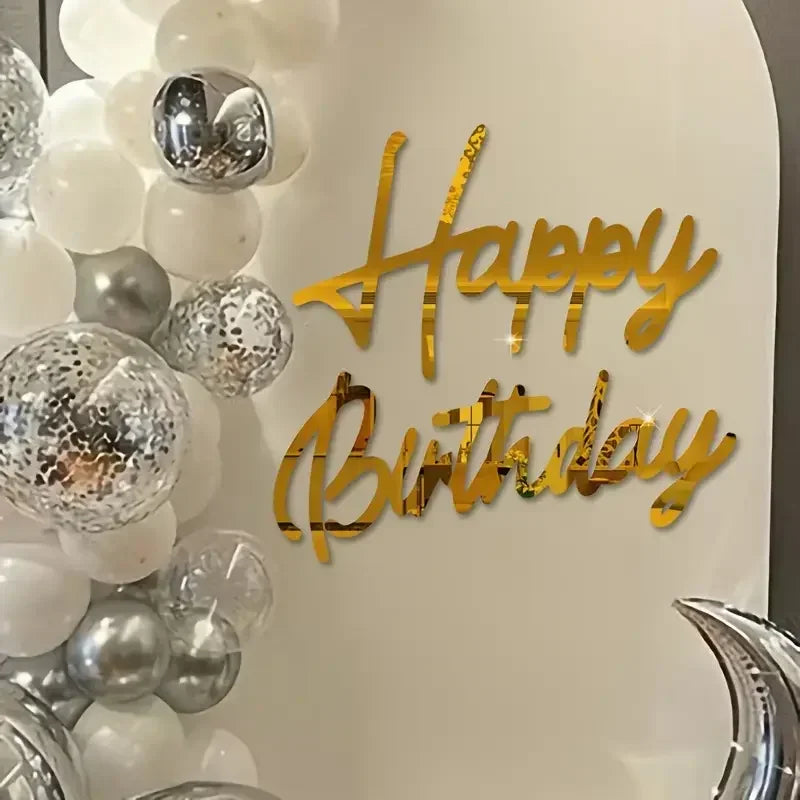 Gold glitter script saying Happy Birthday on a white background decorated with silver and white balloons