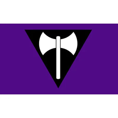 A purple flag with a black inverted triangle shape containing a white axe symbol.