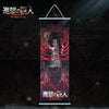 A vertical silk wall hanging featuring a dramatic illustration of an Attack on Titan character with red accents.