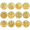 A set of eight round gold-colored commemorative iron coins depicting zodiac symbols.