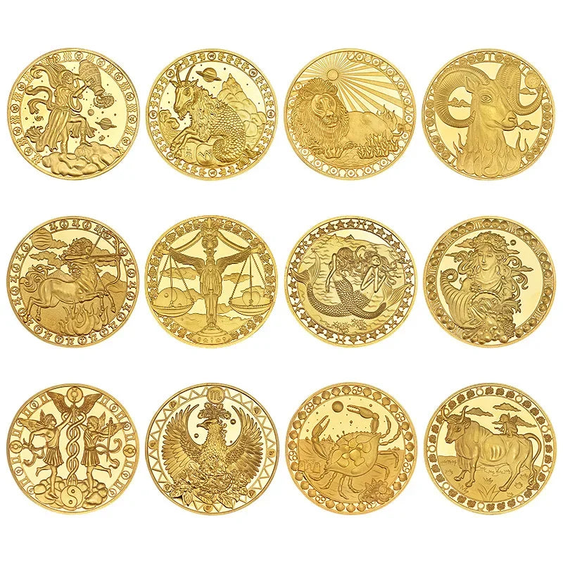 A set of eight round gold-colored commemorative iron coins depicting zodiac symbols.