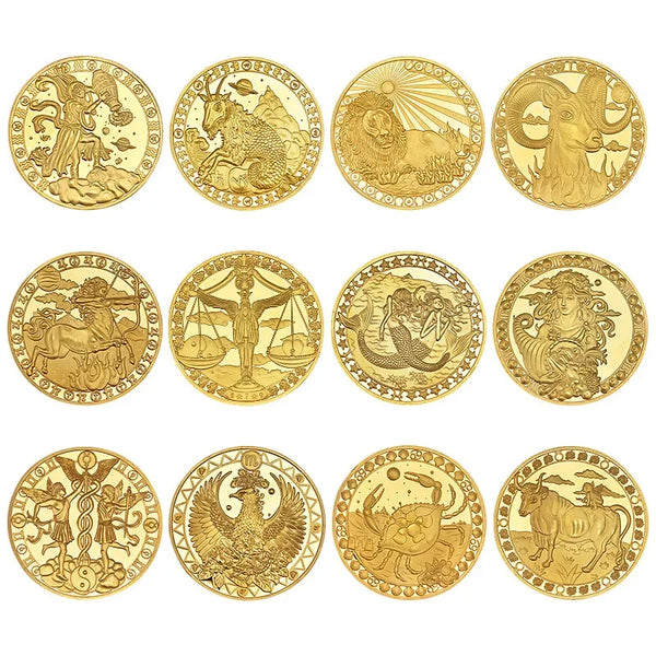 A set of eight round gold-colored commemorative iron coins depicting zodiac symbols.
