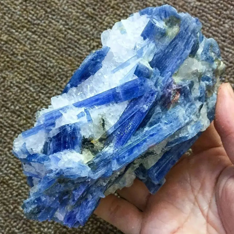 A hand holds a vibrant blue kyanite crystal stone with sharp facets and translucent edges.