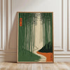 Frameless Japanese tree art canvas print featuring tall bamboo stalks and a winding path through a dense green forest.