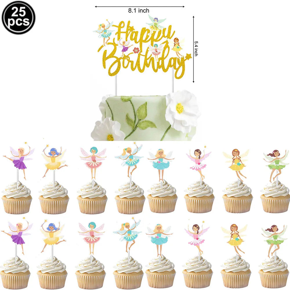 A set of 25 fairy cupcake toppers featuring a happy birthday design on a green cake stand.