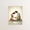 A painting depicting two figures, likely Jesus and Mary, embracing in soft light against a muted background.