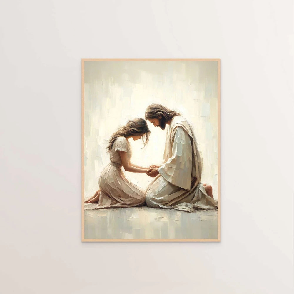 A painting depicting two figures, likely Jesus and Mary, embracing in soft light.