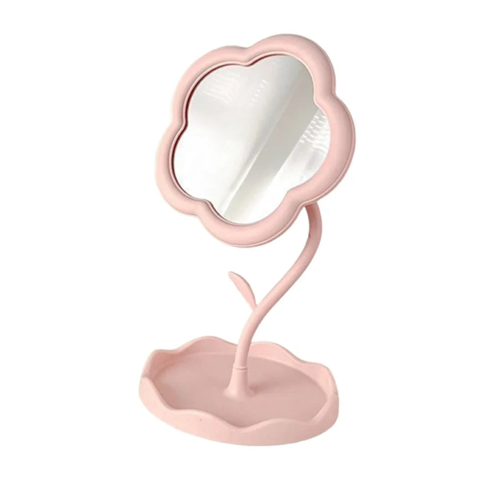 A pink sunflower heart dressing makeup mirror with a scalloped frame and stand.
