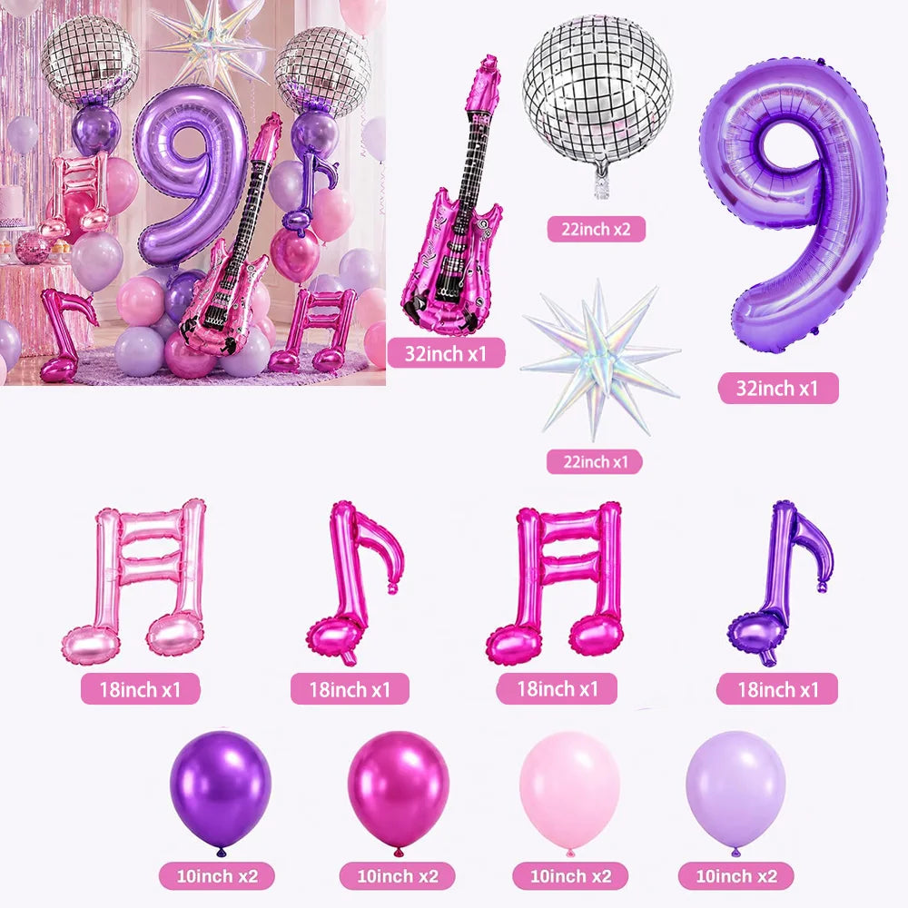 A set of purple music theme birthday party decorations including balloons, a purple guitar, and purple props.