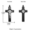 Front and back views of a black wooden crucifix pendant depicting Jesus Christ.