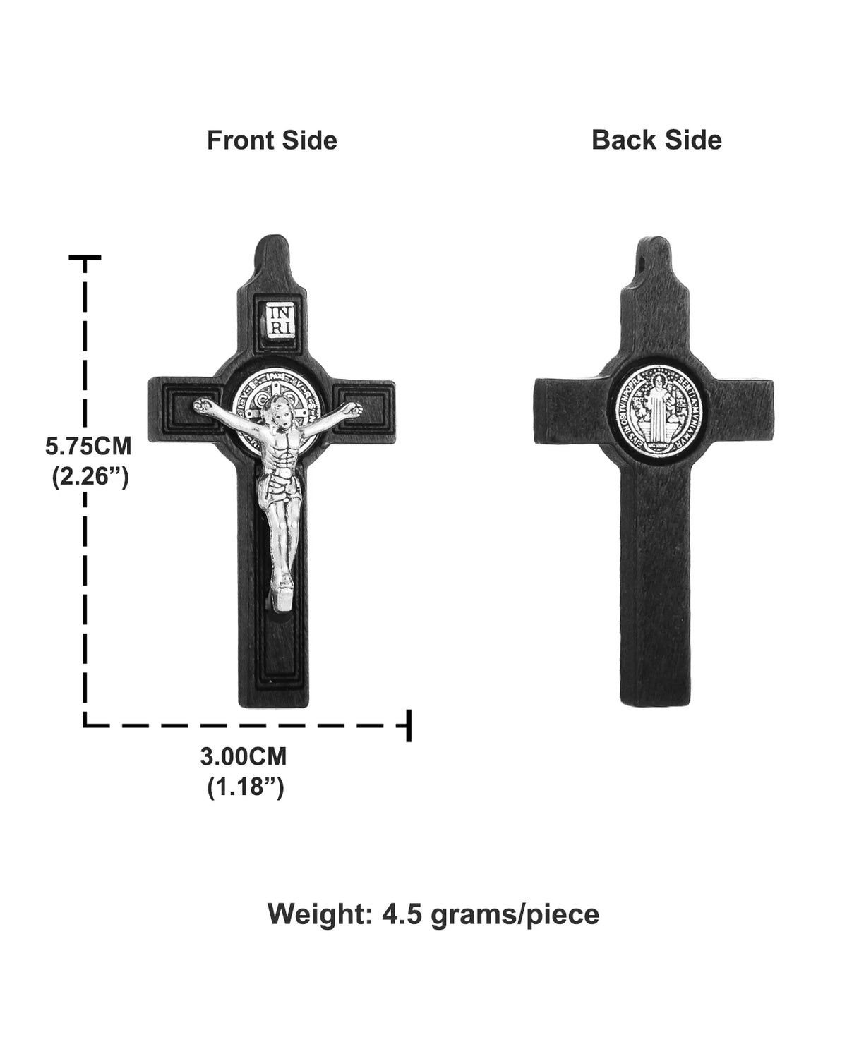 Front and back views of a black wooden crucifix pendant depicting Jesus Christ.