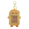 A fluffy yellow chick-shaped keychain with a gold ring and a clear plastic holder for photocards.