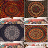 Bohemian mandala tapestry wall hanging featuring intricate geometric patterns in warm earth tones and deep reds.