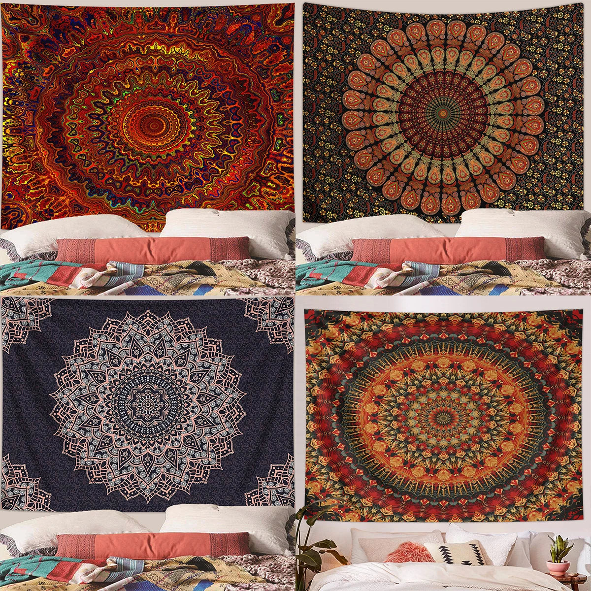 Bohemian mandala tapestry wall hanging featuring intricate geometric patterns in warm earth tones and deep reds.