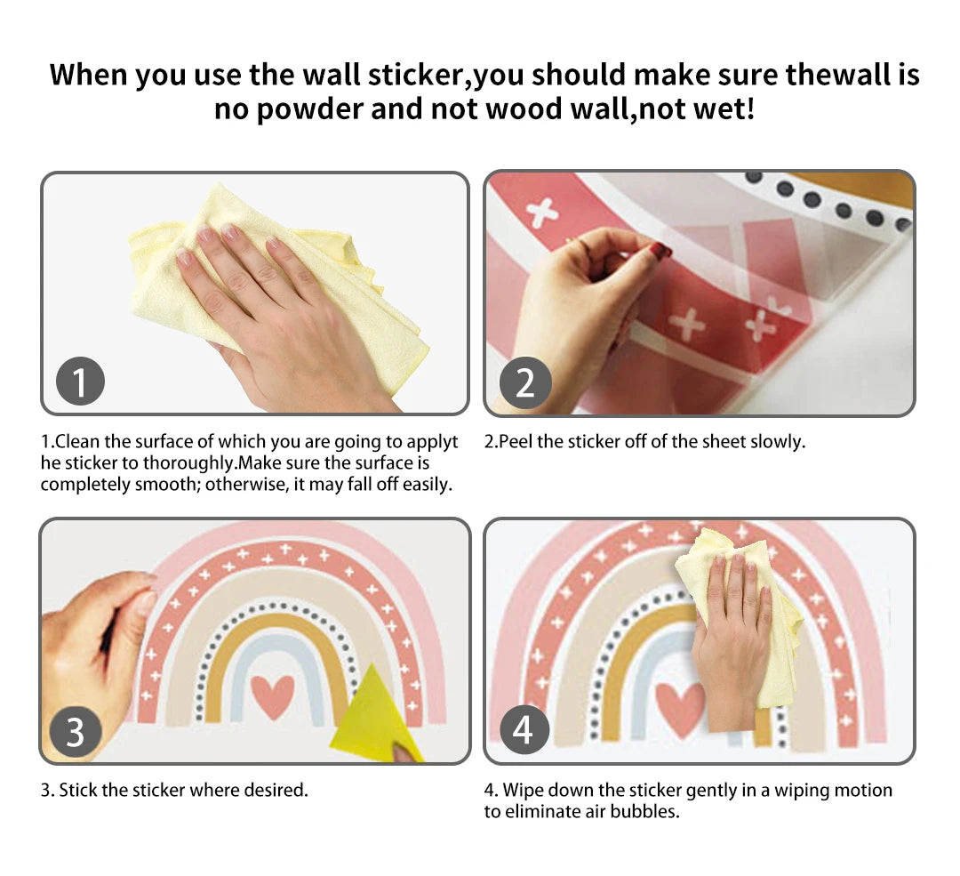 Instructions for applying funny cartoon trash can stickers to a wall surface.
