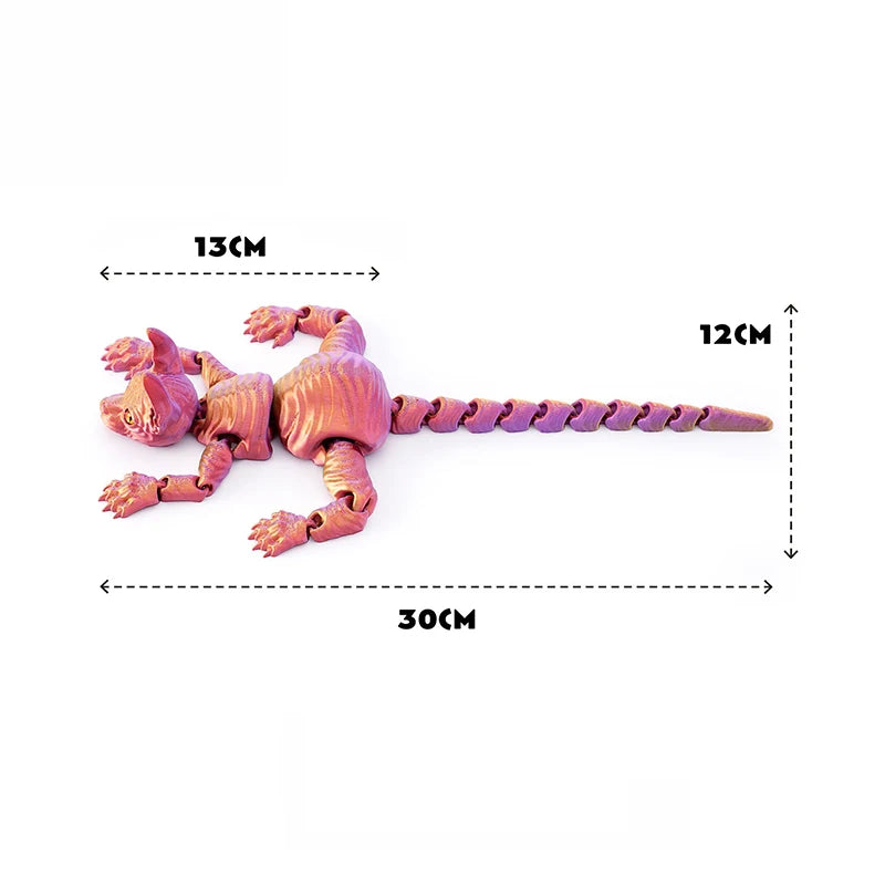 A realistic 3D printed figurine of a Sphynx cat, colored in shades of pink and purple, shown with various length measurements