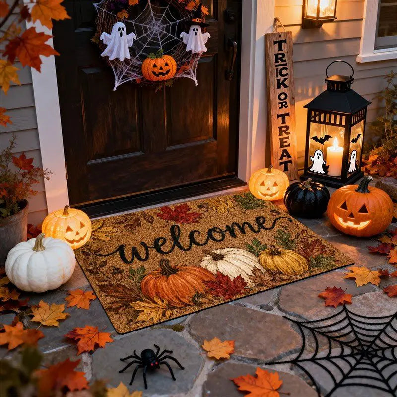 A vintage harvest pumpkin maple leaf doormat with a welcome message and fall foliage decorations.