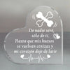 Clear heart-shaped glass keepsake with engraved text and a bone design
