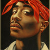 A close-up portrait of a man wearing a red bandana, looking upwards against a dark background.