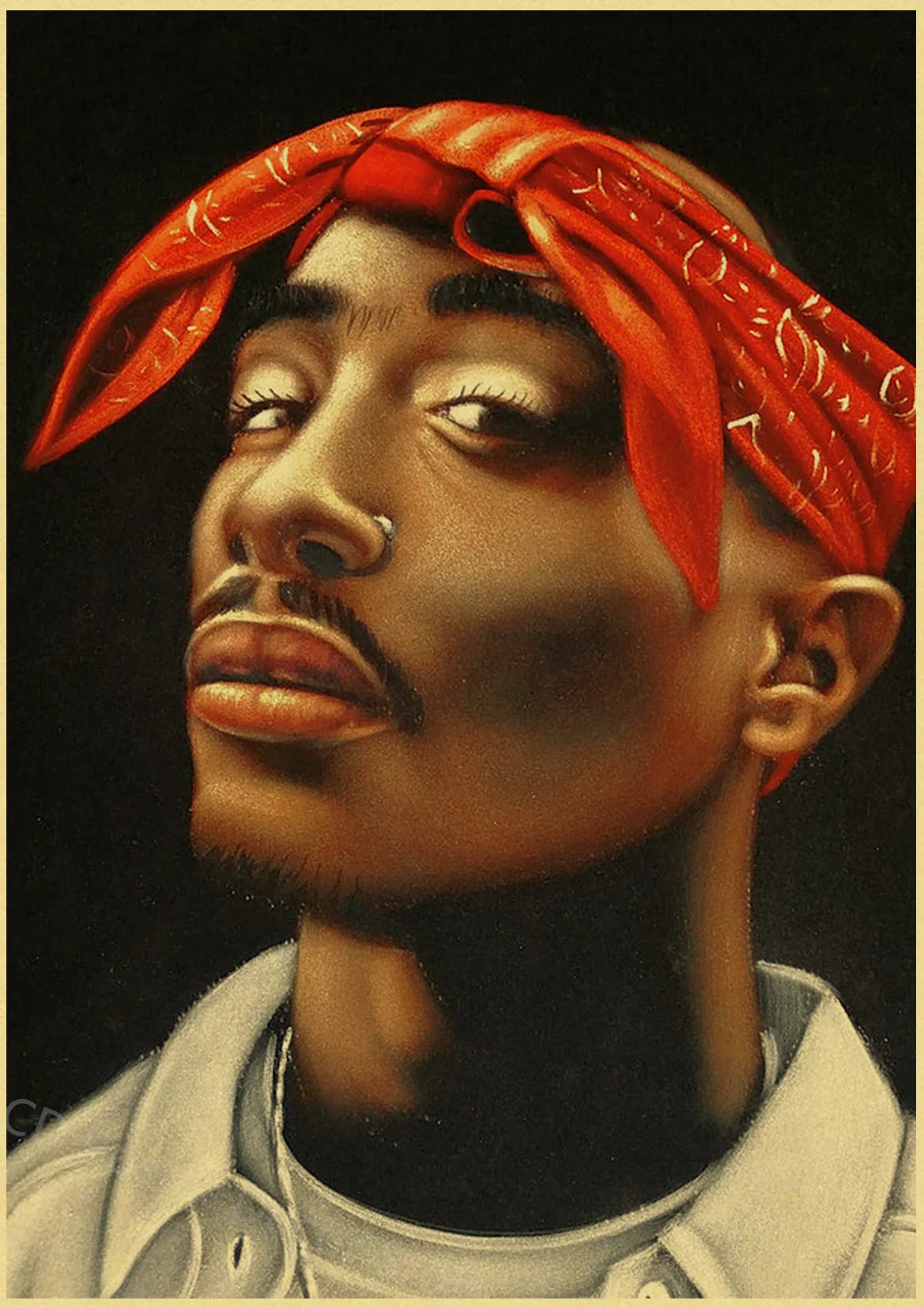 A close-up portrait of a man wearing a red bandana, looking upwards against a dark background.