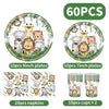 Jungle Safari birthday decor set featuring 60 pieces of plates, napkins, and cups.