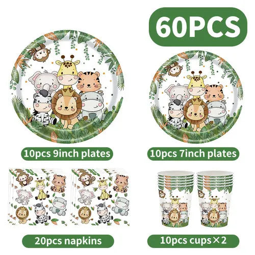 Jungle Safari birthday decor set featuring 60 pieces of plates, napkins, and cups.