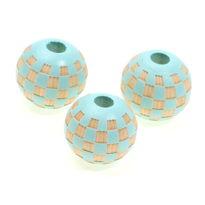 Three natural wooden checkered beads in light blue and tan for jewelry making