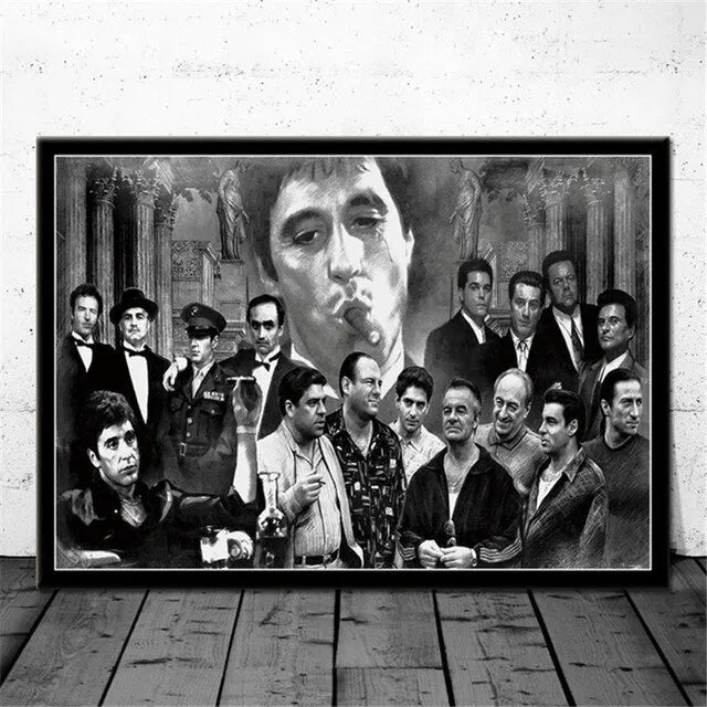Black and white movie poster art featuring a dramatic portrait of a man surrounded by other figures.