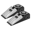 A black dual door stop security alarm set with silver plates and sensitivity settings.