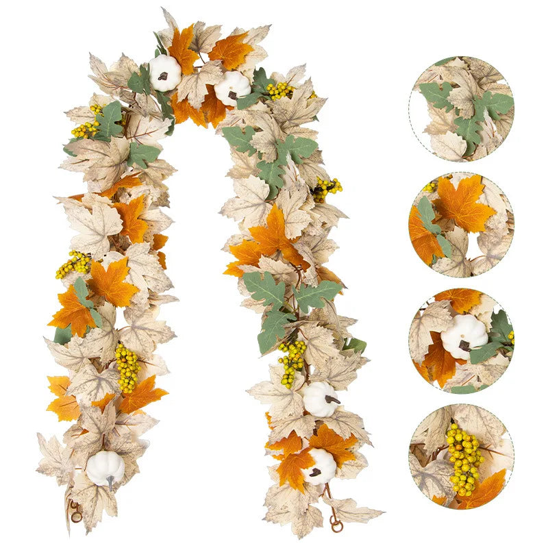 Artificial maple leaf garland featuring autumn colors like orange, yellow, and green leaves and white berries