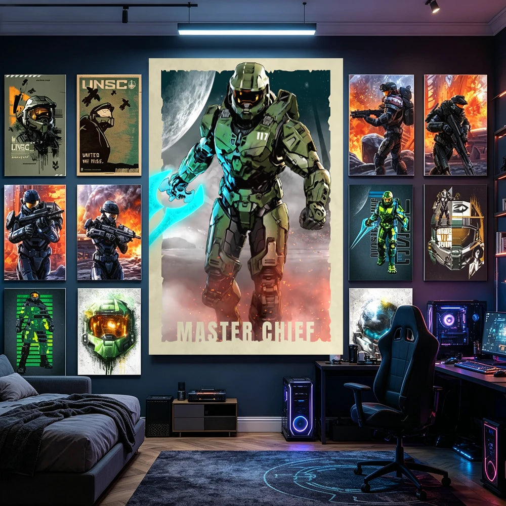 A large canvas wall art print featuring Master Chief in armor against a cosmic background.