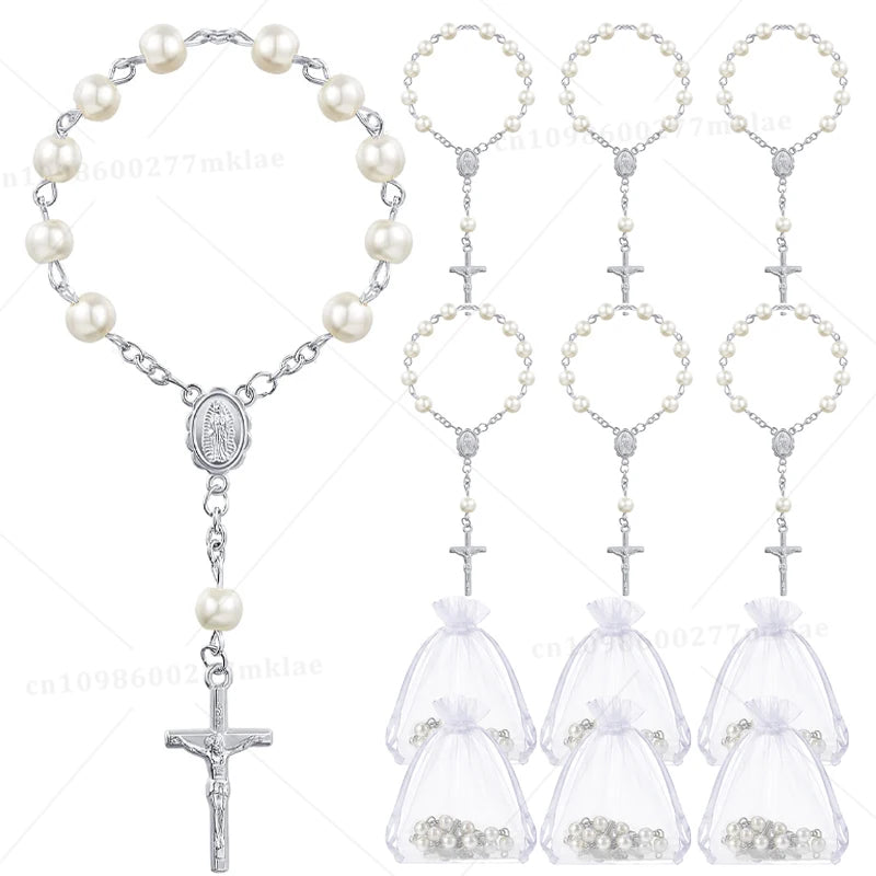 Assorted mini baptism rosary favors with cross necklaces made of silver-toned beads and charms